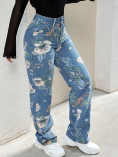 Y2K 90s Street High Waist Floral Print Wide Leg Blend Loose Jeans Comfort Washed Denim Trousers With Pockets For Outdoor Activities Blue Casual   Denim Floral,Plants,All Over Print Straight Leg Non-Stretch  Women Clothing, size features are:Bust: ,Length: ,Sleeve Length: Simple Scarf, Jean Large, Patterned Scarves, Loose Jeans, Womens Tie, Women Denim Jeans, Washed Denim, Denim Trousers, Y2k 90s