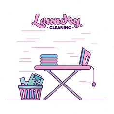 a laundry ironing board with clothes on it and the words laundry cleaning above it