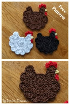 three crocheted chickens sitting on top of a wooden floor next to each other