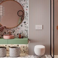 the bathroom is decorated in pastel colors and has a round mirror on the wall