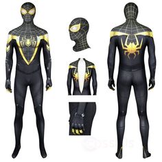 an image of a spider man suit with yellow and black details on the chest, front and back views