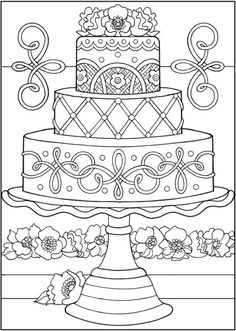 a coloring page with a cake and flowers