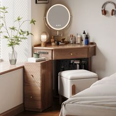 a bedroom with a vanity, stool and potted plant on the window sill