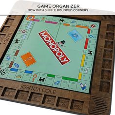 a monopoly board game is shown with the words monopoly on it and an orange box