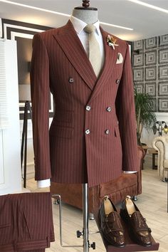 Gale Chic Deep Red Peaked Lapel Double Breasted Striped Business Suits مرسيدس بنز, Business Suits, Suits Men, Slim Fit Suits