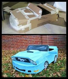 two pictures side by side one has a blue car and the other is a cardboard box