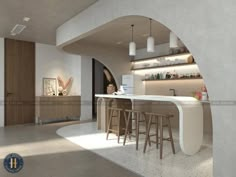 an artist's rendering of a modern kitchen with bar stools and counter tops