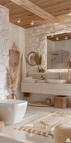 a bathroom with white walls and wood ceiling