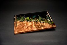 a small wooden tray with plants and rocks on the bottom, sitting on a black surface