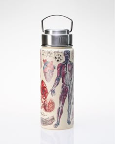 a stainless steel water bottle with an image of the human body on it