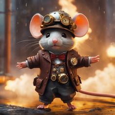 a mouse dressed as a fireman in front of a fire