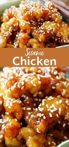 sesame chicken with sesame seeds in a bowl