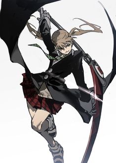 an anime character is flying through the air with her arms out and holding onto a black umbrella