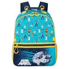 A constellation of cartoon-style Star Wars characters are featured on the front panel of this backpack, along with a large image of the Millennium Falcon. This celestial carry all has such adaptive features as zipper pulls and detachable straps. Pair it with the coordinating Star Wars adaptive lunch box for added classroom convenience. All accessories (water bottle, lunch tote, etc.) sold separately. Genuine, Original, Authentic Disney Store Product. Disney Backpack With Adjustable Strap For Back To School, Themed Backpack With Character Print For Back To School, School Backpack With Character Print, Back To School Backpack With Character Print, Back To School Character Print Backpack, Character Print School Backpack, Themed School Backpack With Character Print, Back To School Travel Backpack With Character Print, End Of School Year Student Backpack With Character Print