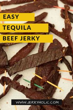 Tequila Beef Jerky on a plain background. Simple Beef Jerky Recipe, Easy Beef Jerky, Jerky Recipes Dehydrator, Campfire Meal, Smoked Jerky, Jerky Marinade, Beef Jerky Recipe