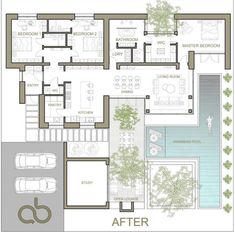 the floor plan for a modern house with pool and outdoor living areas, including an above ground