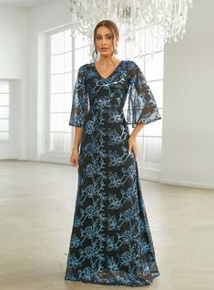 In Stock:Ship in 48 Hours V-neck Blue Sequins Party Dress Blue Tulle Prom Dress, Trumpet Sleeves, Radiate Confidence, Gown Plus Size, Cocktail Dress Wedding, Dresses Formal Elegant, Flare Sleeve Dress, Trumpet Sleeve, Blue Tulle