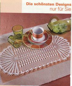 an advertisement for a table with doily and glassware on it, in german