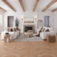 a living room filled with furniture and a fire place in the middle of a wooden floor