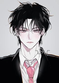 an anime character with black hair wearing a suit and pink tie, looking at the camera