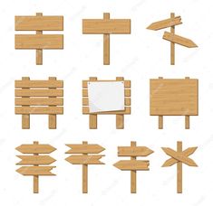 various wooden signs and arrows on white background