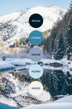 a lake surrounded by snow covered mountains and evergreen trees with text overlaying the image