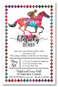 a horse and jockey themed birthday party poster with the words kentucky derby on it's back