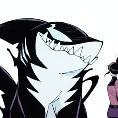 two anime characters standing next to each other in front of a giant shark with its mouth open