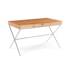 a wooden table with metal legs and drawers on it's side, against a white background