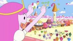 an animated pinkie is standing in front of a bunch of other cartoon characters and confetti