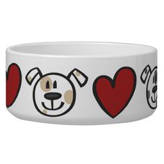 a dog bowl with three hearts and two dogs on the front, one is brown and white