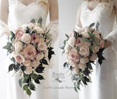 two women in white dresses holding bouquets of pink roses and greenery on their wedding day