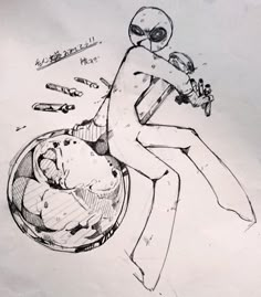 a drawing of an alien sitting on top of a round object with other objects around it