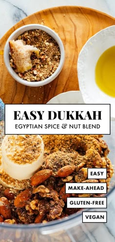 easy dukkah egyptian spice and nut blend recipe in a food processor with text overlay