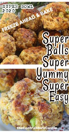 two pictures with the words super balls and yummy super easy written in white letters