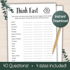 the printable think fast worksheet is shown on a table with leaves around it