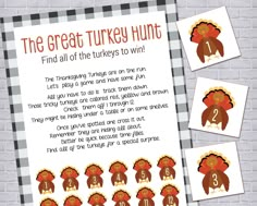 the turkey hunt game for kids to play on their thanksgiving day, with pictures of turkeys and numbers