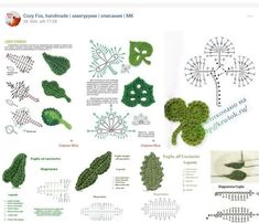 crochet patterns for shamrocks and leaves are featured on the page, with instructions to make them