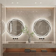 a bathroom with three round mirrors on the wall