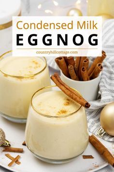 See how to make eggnog with sweetened condensed milk. Condensed milk eggnog is the ultimate holiday indulgence! This easy homemade eggnog recipe uses sweetened condensed milk and is perfectly spiced with cinnamon, vanilla, and nutmeg. This non-alcoholic Christmas drink is perfect for the whole family to enjoy. The recipe is close to traditional eggnog recipes and needs just 6 ingredients 15 min prep. Includes variations for chocolate, pumpkin spice, and caramel nog. | CountryHillCottage.com Condensed Milk Eggnog, Condensed Milk Pumpkin Recipes, Homemade Eggnog Easy, White Russian Eggnog Recipe, How To Make Eggnog Homemade, Condensed Milk Drink Recipes, Drinks With Condensed Milk, Egg Nog Non Alcoholic, Egg Nog Recipe Homemade Alcoholic