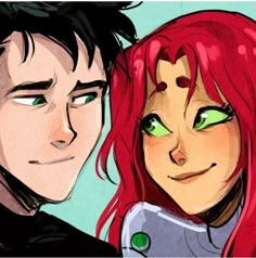 two people with red hair and green eyes are looking at the camera while one person has his arm around the other's shoulder