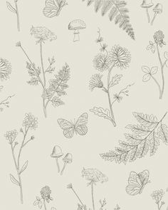 a bunch of flowers and butterflies on a white wallpaper background with black ink drawings