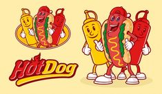 two hot dogs with chilis and ketchup in cartoon style on yellow background