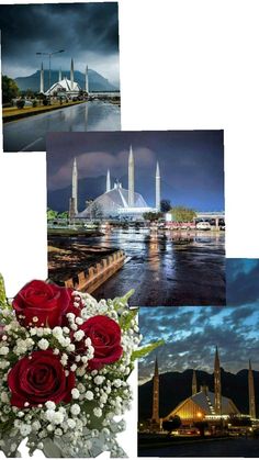 four different pictures with red roses in the center and white flowers in the middle, along with other images