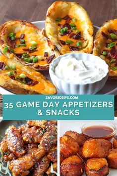 some appetizers and snacks that are on a plate with the words 35 game day appetizers & snacks