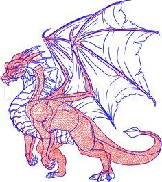 a drawing of a dragon with wings