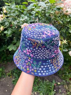 Woven Bucket Hats For Summer, Artisan Bucket Hat For Summer, Bohemian Cotton Bucket Sun Hat, Bohemian Cotton Hat, Bohemian Blue Hat For Spring, Bohemian Cotton Sun Hat With Short Brim, Bohemian Cotton Bucket Hat For Vacation, Artisan Summer Bucket Hat, Bohemian Cotton Sun Hat For Festivals