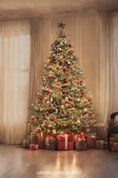 a decorated christmas tree with presents under it