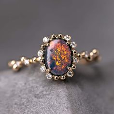 Bubble Tea Design Black Opal Diamond Engagement Ring Luxury Black Oval Opal Ring, Bubble Tea Design, Opal Diamond Engagement Ring, Pretty Engagement Rings, Pear Diamond Engagement Ring, Diamond Sapphire Engagement Ring, Australian Black Opal, Opal Birthstone, Black Opal Ring