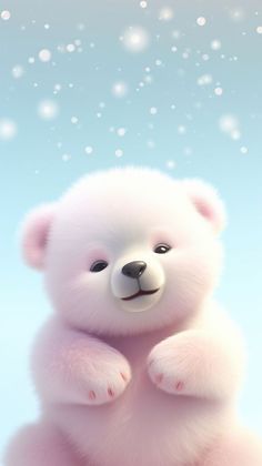 a white teddy bear sitting on its hind legs with snow falling in the air behind it